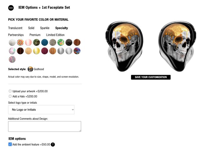 UE Pro's order screen for the Ultimate Ears Premier wired IEMs.
