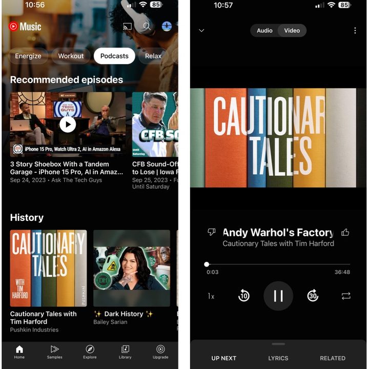 Screenshots showing podcasts on the YouTube Music app for iOS.