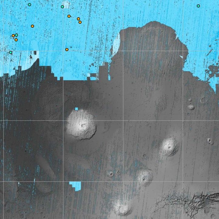 The blue areas on this map of Mars are regions where NASA missions have detected subsurface water ice (from the equator to 60 degrees north latitude).
