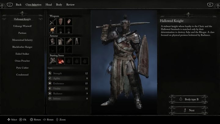 The class selection screen in Lords of the Fallen.