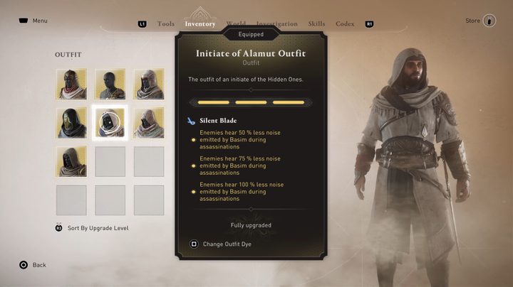 A screen showing Basi's outfits in Assassin's Creed Mirage.