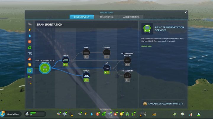 A transportation development tree in Cities Skylines 2.