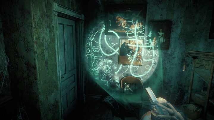 A character shines a light on a wall in The 7th Guest VR.