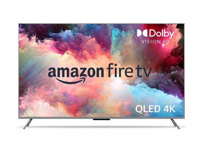 Amazon's Fire TV 65-inch Omni QLED on an advertising screen.