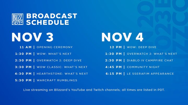 The broadcast schedule for BlizzCon 2023.