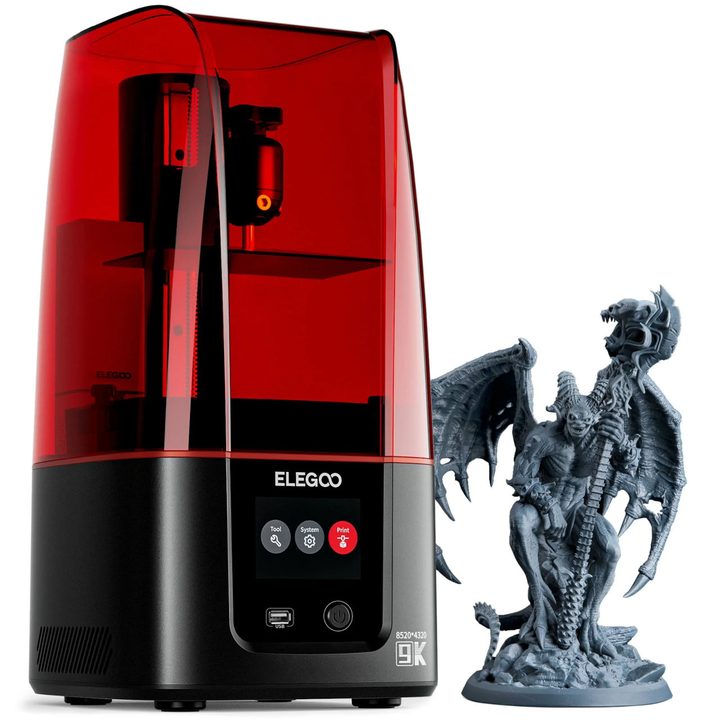 A detailed 3D object sits beside the Elegoo Mars 4 9K UV resin 3D printer.