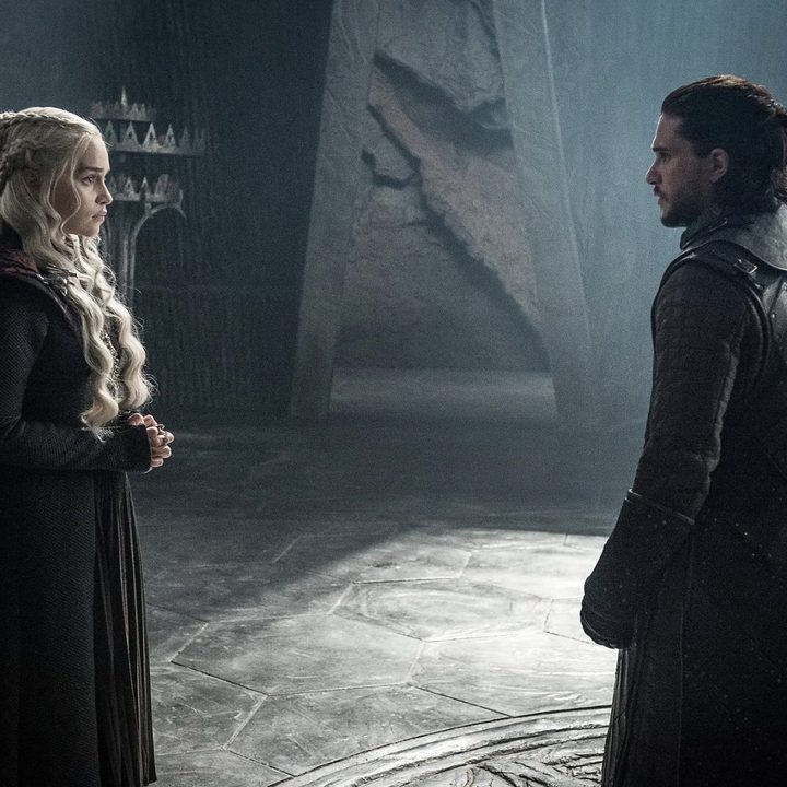 A woman stands across from a man in Game of Thrones.