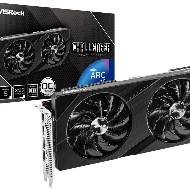 Intel Arc A580 Graphics card pictured alongside its box.