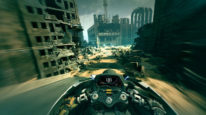Jack rides the motorcycle outside of Dharma in Ghostrunner 2.