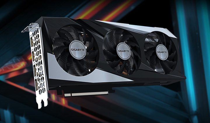 The Gigabyte RX 6750 GRE graphics card over a dark background.