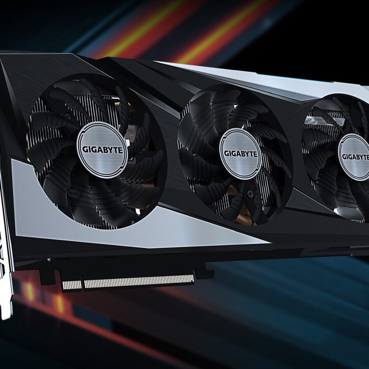 The Gigabyte RX 6750 GRE graphics card over a dark background.