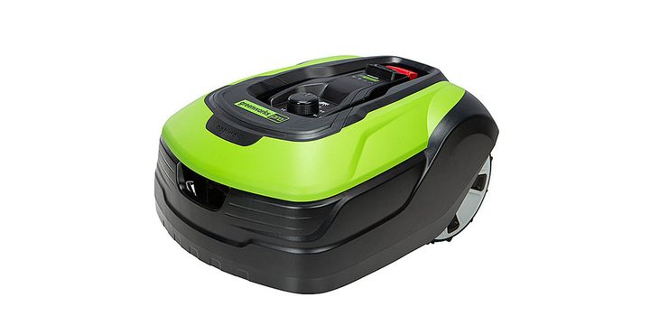 The Greenworks Optimow Robotic Lawn Mower on a white background.