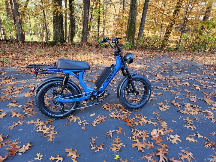 Juiced Bikes Scorpion X2 right side view parked in a driveway covered with oak leaves.