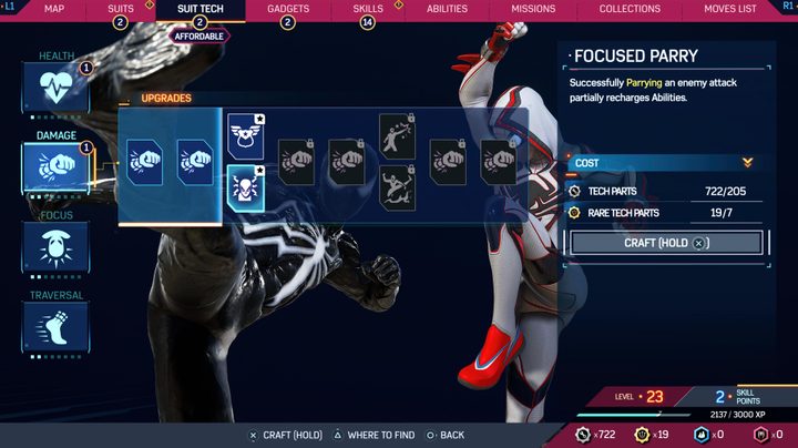 The suit tech skill tree in spider-man2.