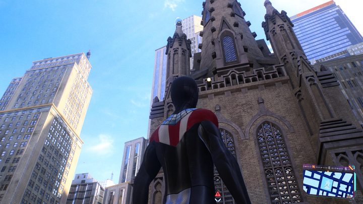 Miles looking at a church steeple in Spider-Man 2.