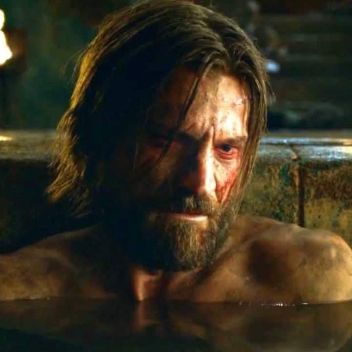 A man sulks and sits in a tub in Game of Thrones.