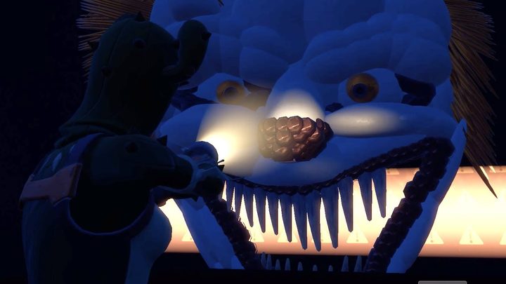Player facing a giant clown head in Fortnite.