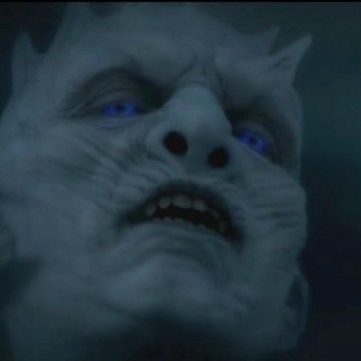 The Night King winces in Game of Thrones.