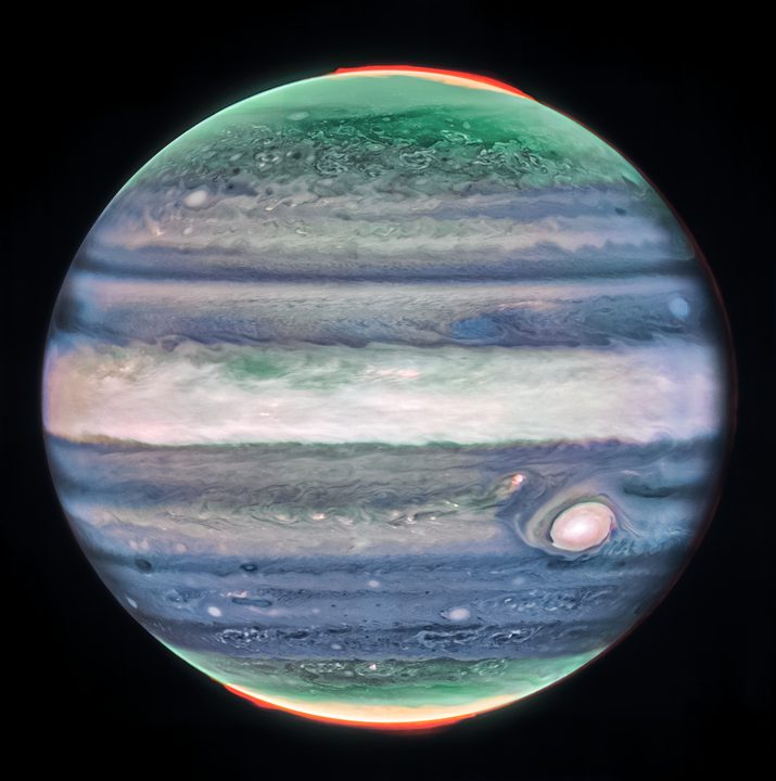 This image of Jupiter from NASA’s James Webb Space Telescope’s NIRCam (Near-Infrared Camera) shows stunning details of the majestic planet in infrared light. In this image, brightness indicates high altitude. The numerous bright white "spots" and "streaks" are likely very high-altitude cloud tops of condensed convective storms. Auroras, appearing in red in this image, extend to higher altitudes above both the northern and southern poles of the planet. By contrast, dark ribbons north of the equatorial region have little cloud cover.In Webb’s images of Jupiter from July 2022, researchers recently discovered a narrow jet stream traveling 320 miles per hour (515 kilometers per hour) sitting over Jupiter’s equator above the main cloud decks.