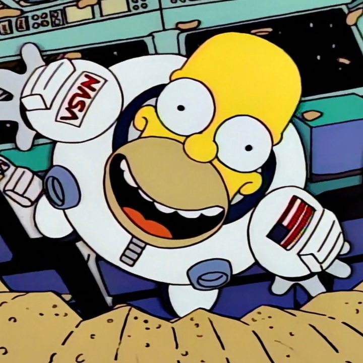 Homer floating towards a potato chip in "The Simpsons."