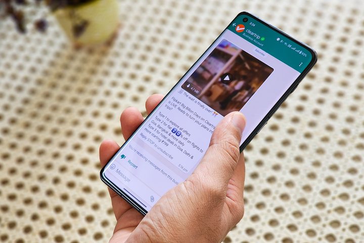Spam messages on WhatsApp running on a phone held in hand.