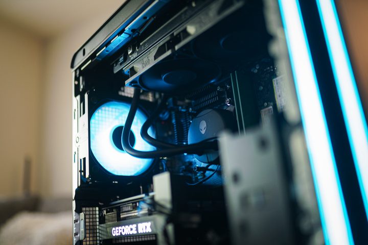 Alienware Aurora seen from the side with a panel open
