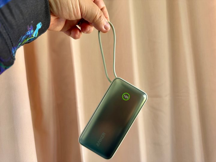 Anker Nano 30W Power Bank with USB-C hanging off with cable loop.