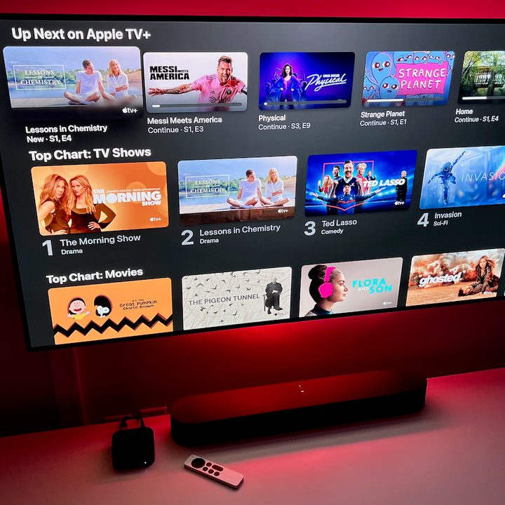 The Apple TV+ home screen on a TV.