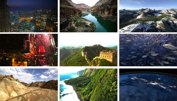 Screenshots of nine Apple TV screensavers, which very much are real.