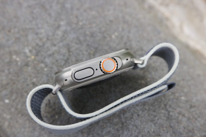 The side of the Apple Watch Ultra 2, showing the Digital Crown and side button.