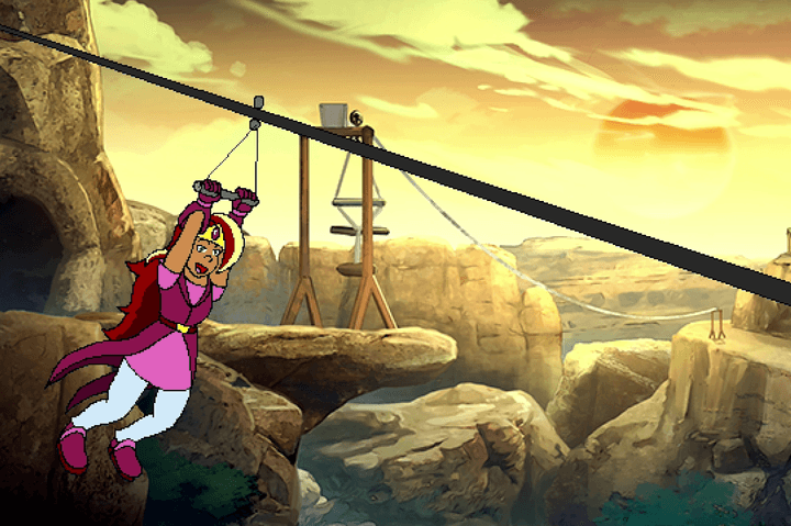 Arzette slides down a zipline in Arzette: The Jewel of Faramore.