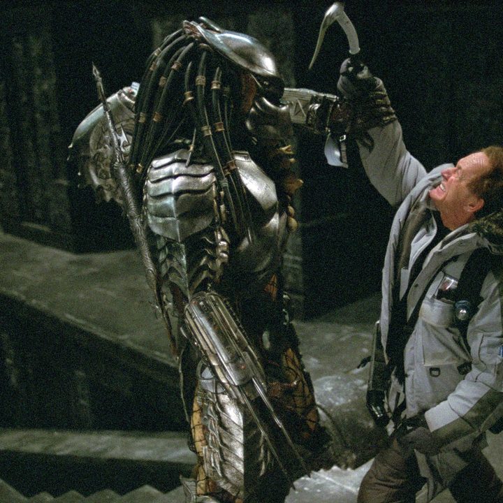 A Predator stops a human from hitting it with an axe in Alien vs Predator
