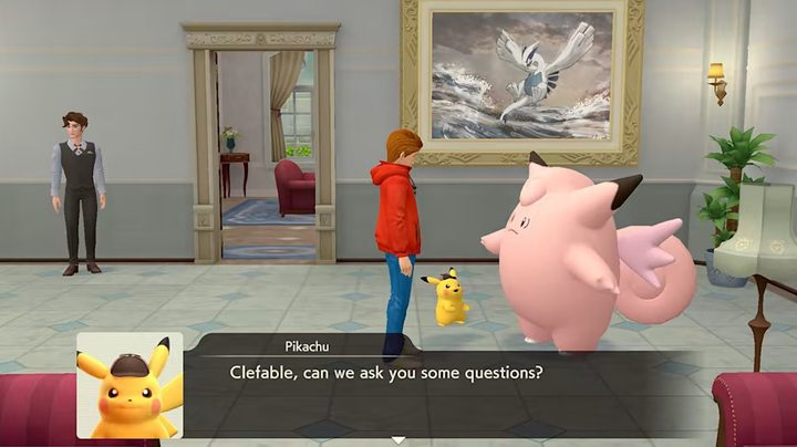Pikachu interrogates a Clefairy in Detective Pikachu Returns.