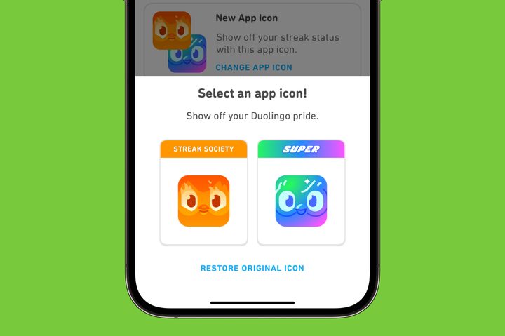 Changing the Duolingo app icon on an iPhone.