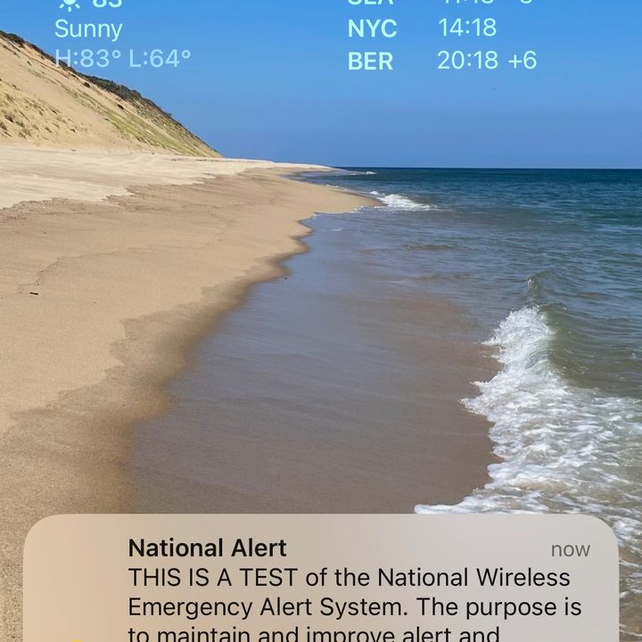 Emergency Alert System test message on an iPhone.