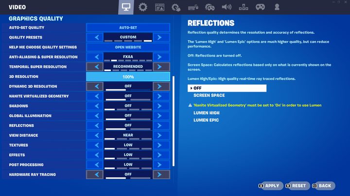 Fortnite settings page.