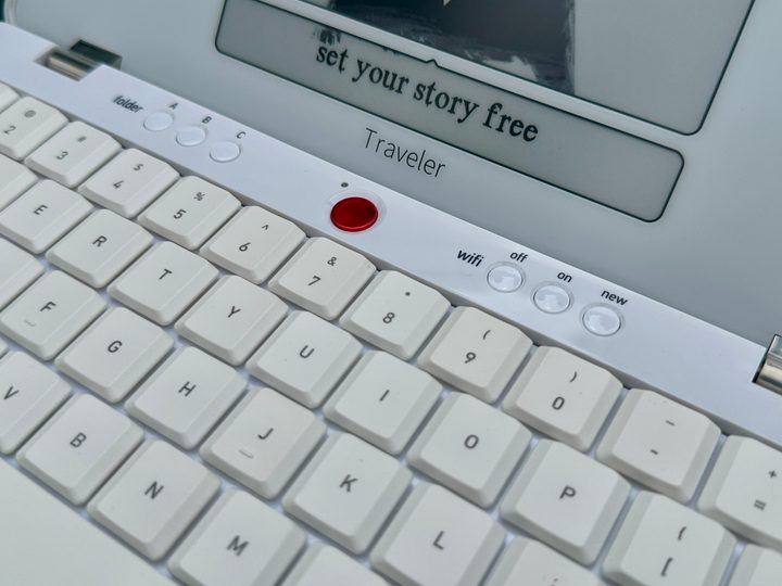 Freewrite Traveler showing interior keyboard and buttons.