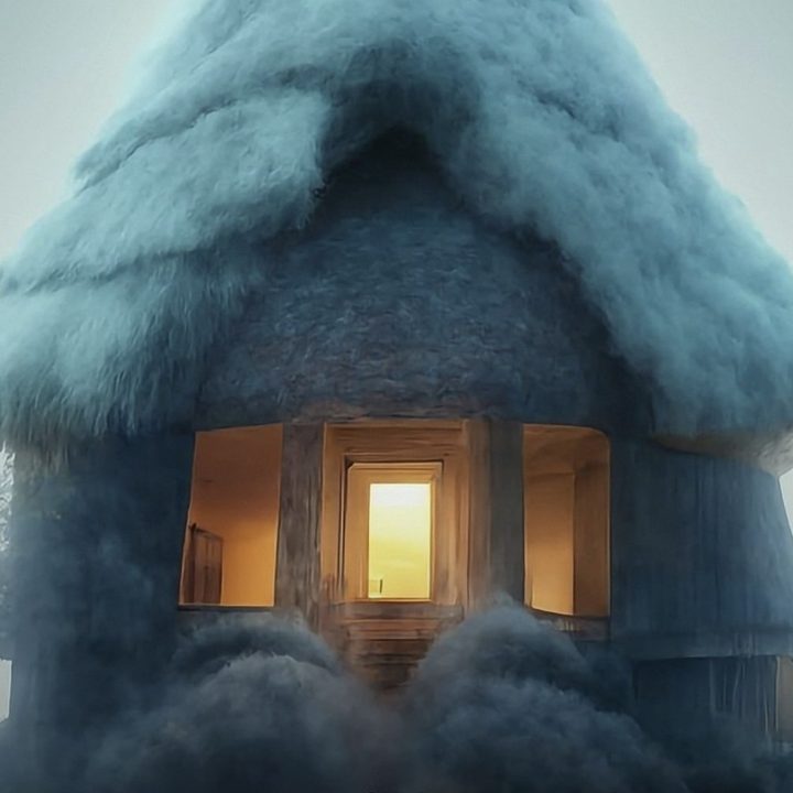 Google Pixel 8 Pro AI generated wallpaper of surreal building made of felt in blue and indigo shades.