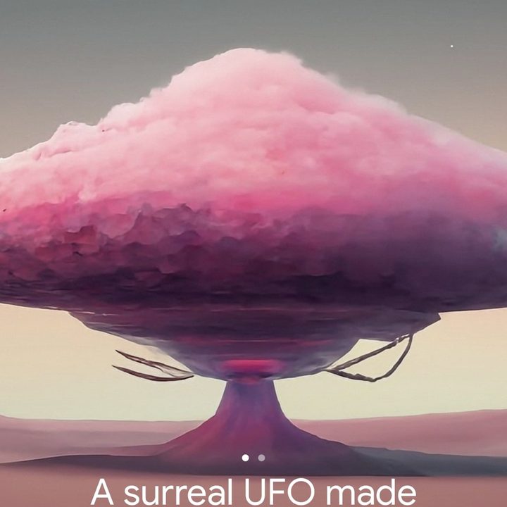 Google Pixel 8 Pro AI generated wallpaper of surreal UFO made of rhodochrosite in pink and purple shades.