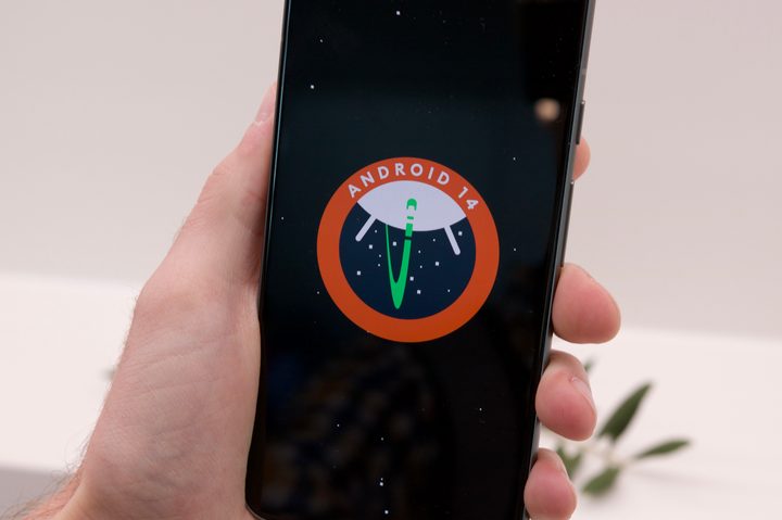 Android 14 logo on a Google Pixel 8 Pro.