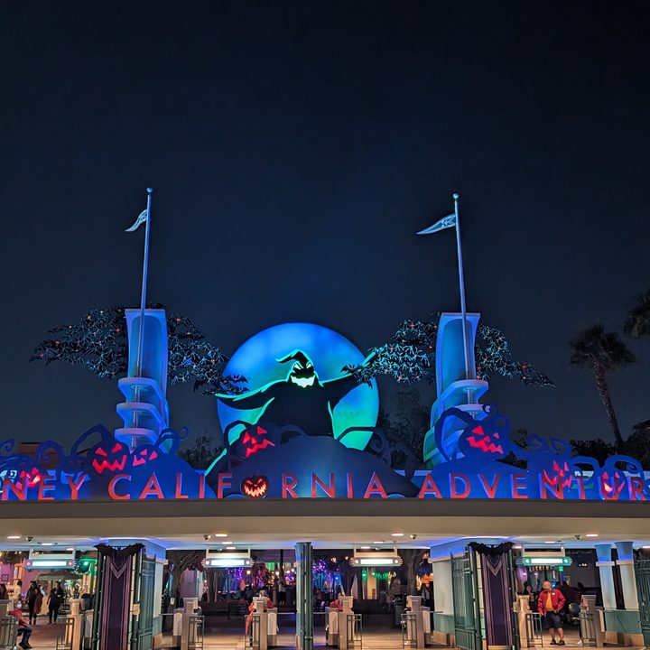 Oogie Boogie DCA sign taken with Google Pixel 8 Pro main camera in low light.