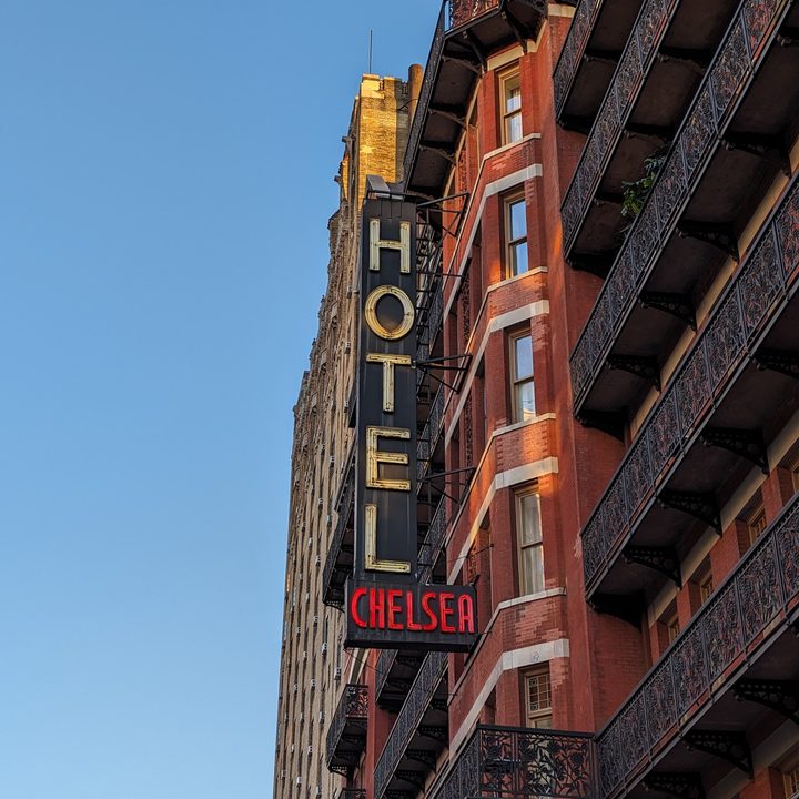 Photo of a sign that says "Hotel Chelsea," taken with the Google Pixel 8 Pro.
