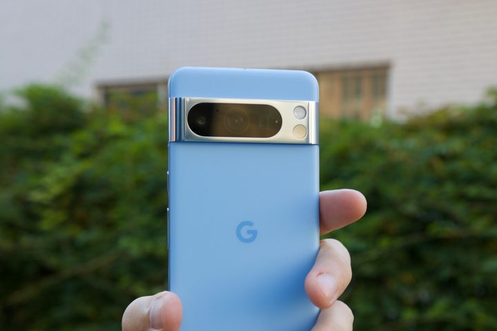 Close-up view of the camera on the blue Google Pixel 8 Pro.