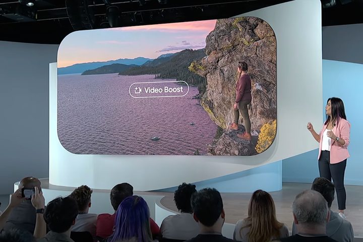 Google showing the Video Boost feature during its October 2023 Pixel event.