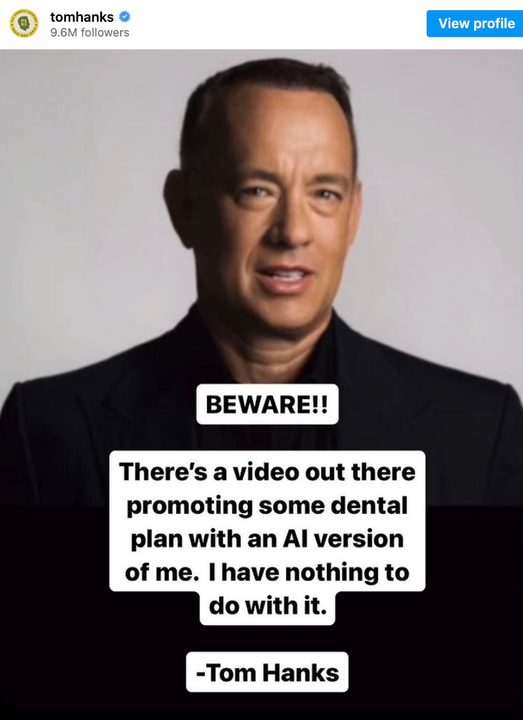 Tom Hanks' message on Instagram warning about an AI-generated ad that uses his likeness.