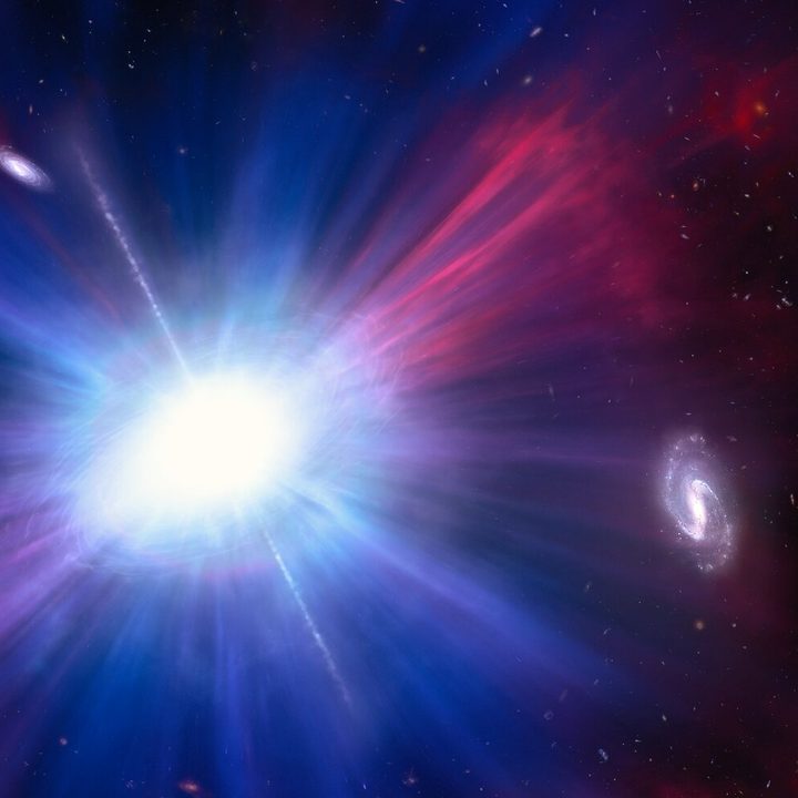 This is an artist’s concept of one of the brightest explosions ever seen in space. Called a Luminous Fast Blue Optical Transient (LFBOT), it shines intensely in blue light and evolves rapidly, reaching peak brightness and fading again in a matter of days, unlike supernovae which take weeks or months to dim. Only a handful of previous LFBOTs have been discovered since 2018. And they all happen inside galaxies where stars are being born. But as this illustration shows, the LFBOT flash discovered in 2023 by Hubble was seen between galaxies. This only compounds the mystery of what these transient events are. Because astronomers don’t know the underlying process behind LFBOTs, the explosion shown here is purely conjecture based on some known transient phenomenon.