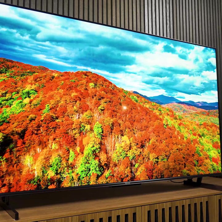 A hillside covered in brilliantly colored trees in autumn show on a Hisense U7K.