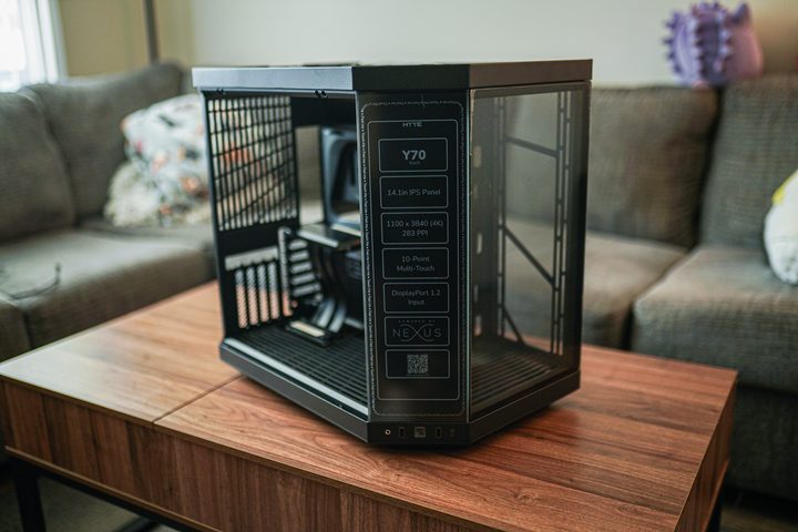 The Hyte Y70 sitting on a coffee table.