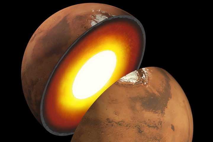 An artist's rendition of the interior of Mars shows the crust, core, and mantle.