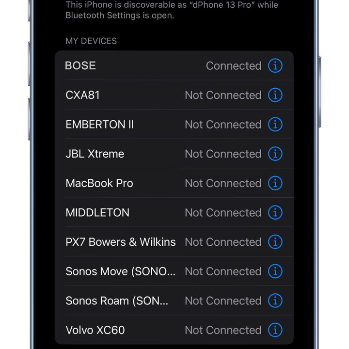 Bluetooth settings on an iOS.